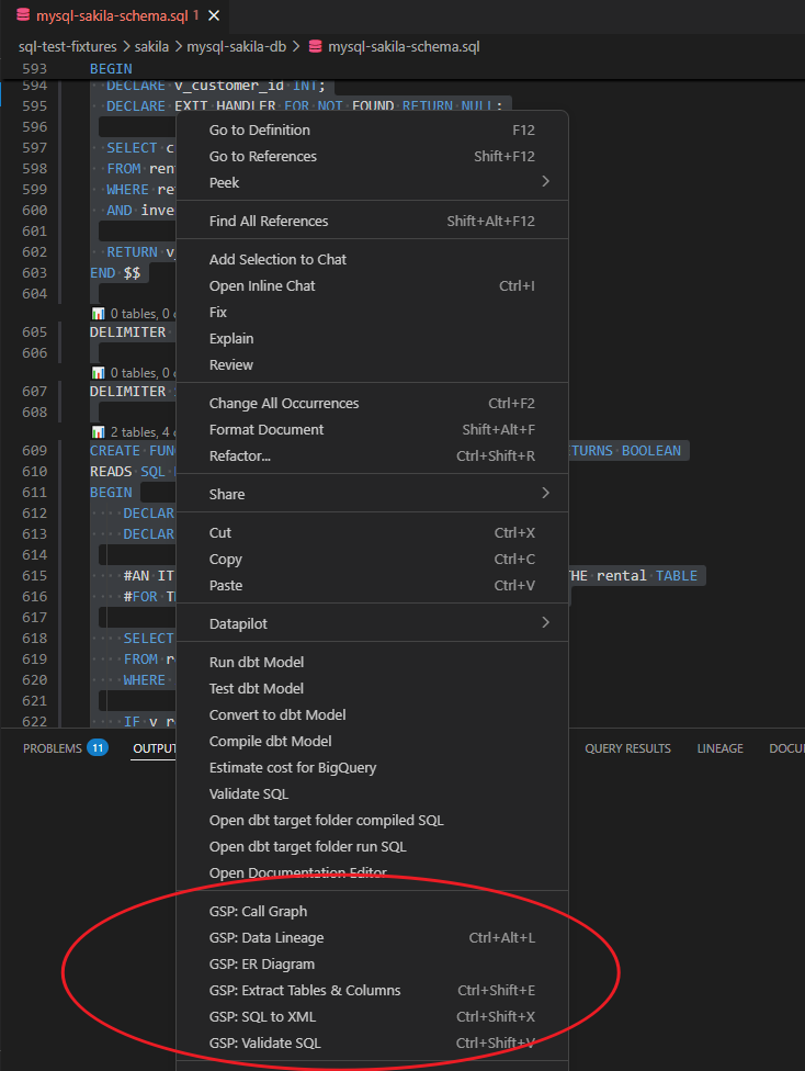 Editor right-click menu with GSP commands