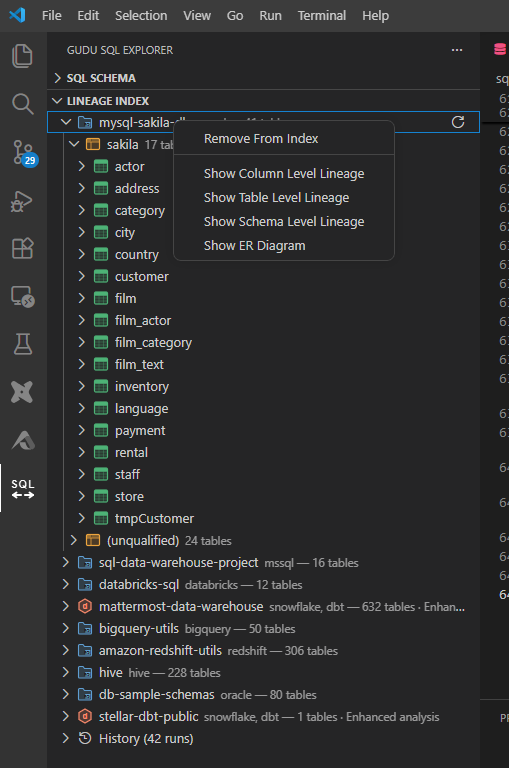 Visualization options in the context menu